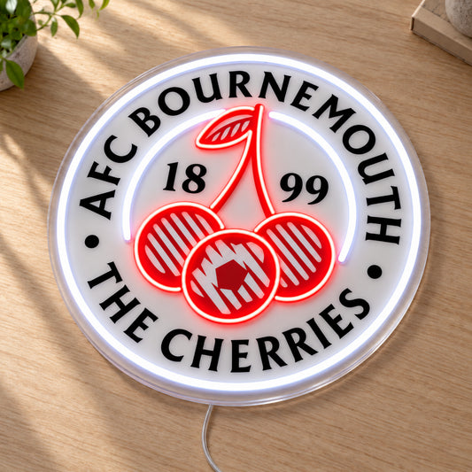 AFC Bournemouth LED Neon Sign, featuring team logo displayed on a wooden surface.