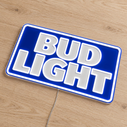 Bud Light LED Neon Sign, featuring illuminated beer-brand logo on a wooden surface.