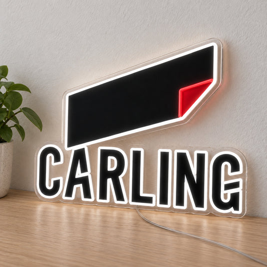 Carling LED Neon Sign, featuring beer-brand logo displayed on a light surface.