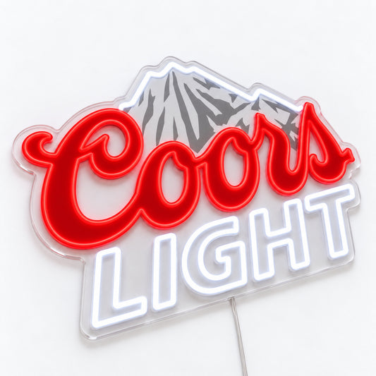 Coors Light LED Neon Sign, featuring illuminated beer-brand logo on a light background viewed at an angle.