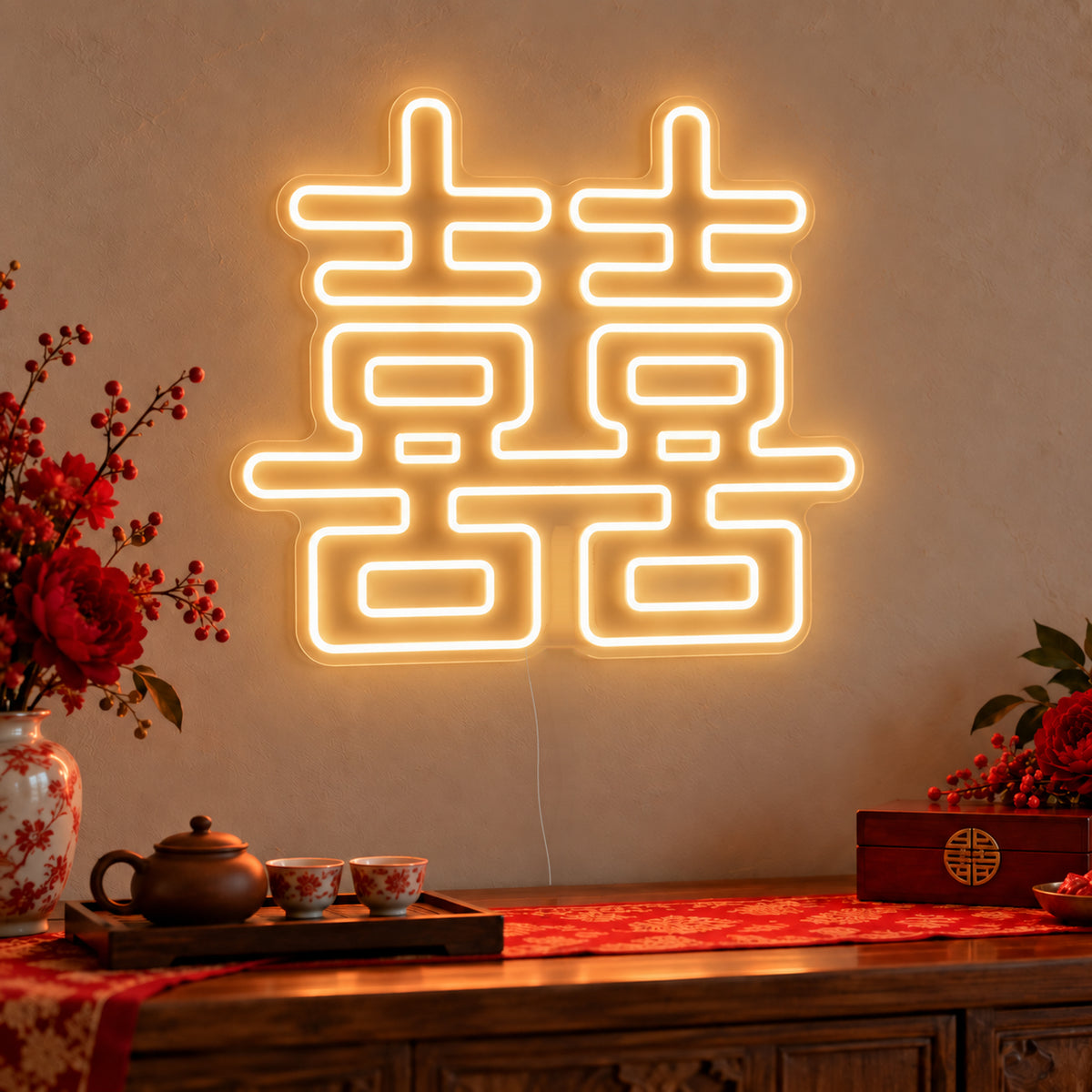 Double Happiness Warm White Neon Sign on clear cut-to-shape acrylic, illuminated on a wall in a styled celebration setting