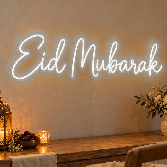 Eid Mubarak Neon Sign in white LED neon on clear acrylic, angled view