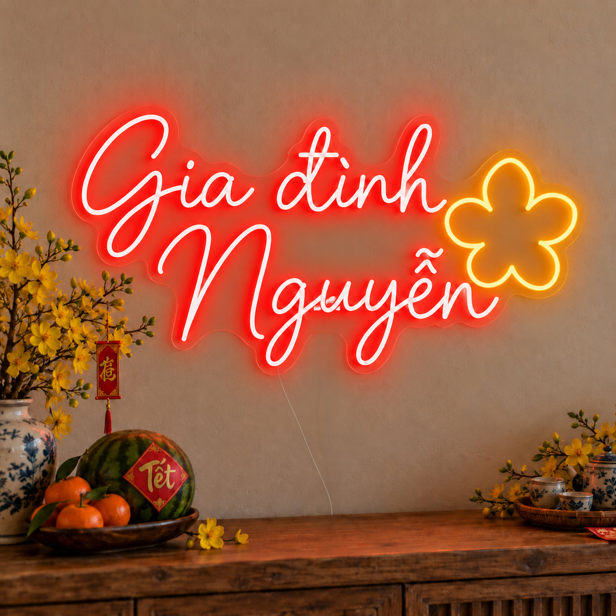 Personalised Family Blossoms Neon Sign on clear cut-to-shape acrylic in an illuminated wall display; example personalisation shown.