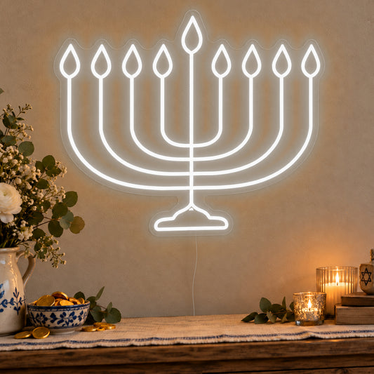 Hanukkiah Neon Sign in white LED neon on clear acrylic, angled view