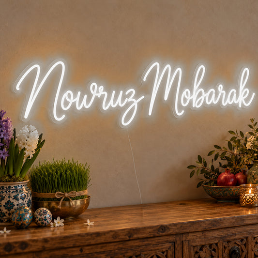 Nowruz Mobarak Neon Sign in white LED neon on clear acrylic, angled view