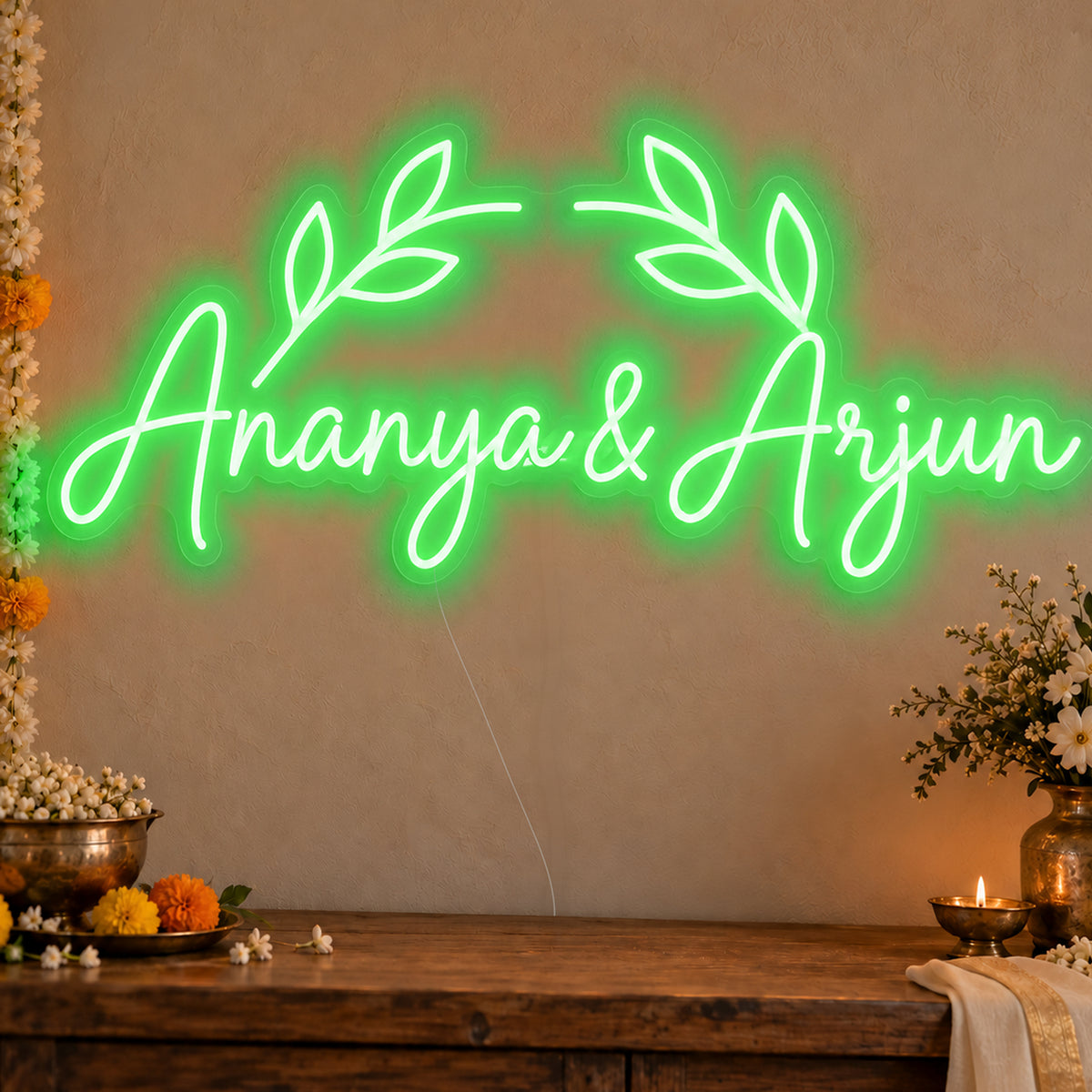 Personalised Floral Arch Names Neon Sign in green LED neon on clear acrylic, angled view