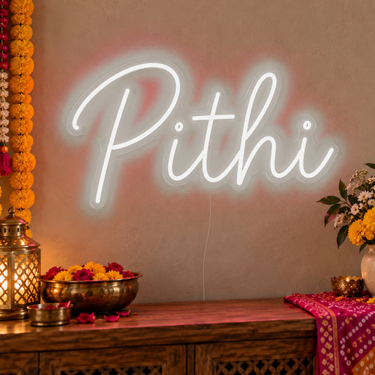 Pithi Neon Sign in white LED neon on clear acrylic, angled view
