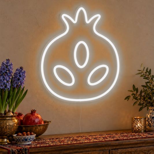 Pomegranate Neon Sign in white LED neon on clear acrylic, angled view