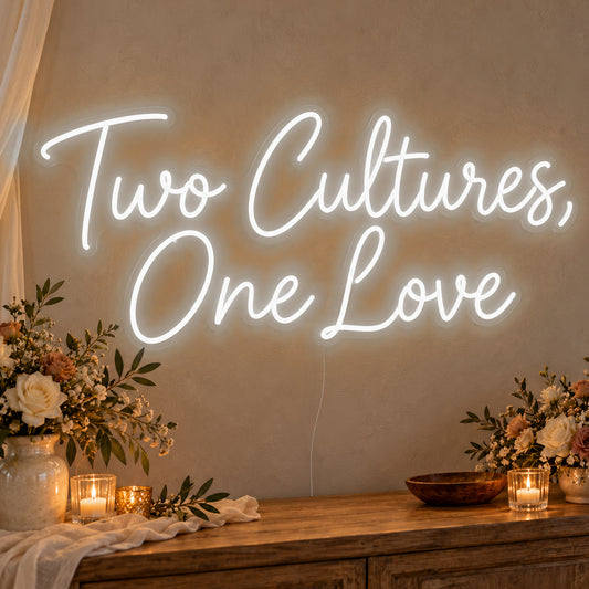 Two Cultures One Love Neon Sign in white LED neon on clear acrylic, angled view