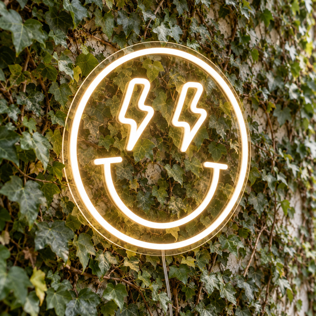 Lightning Smiley Face LED Neon Light Sign in warm white, featuring smiley-face outline with lightning-bolt eyes against a foliage wall.