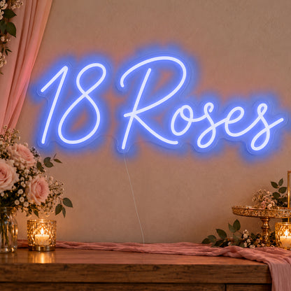 18 Roses Neon Sign in blue LED neon on clear acrylic, angled view