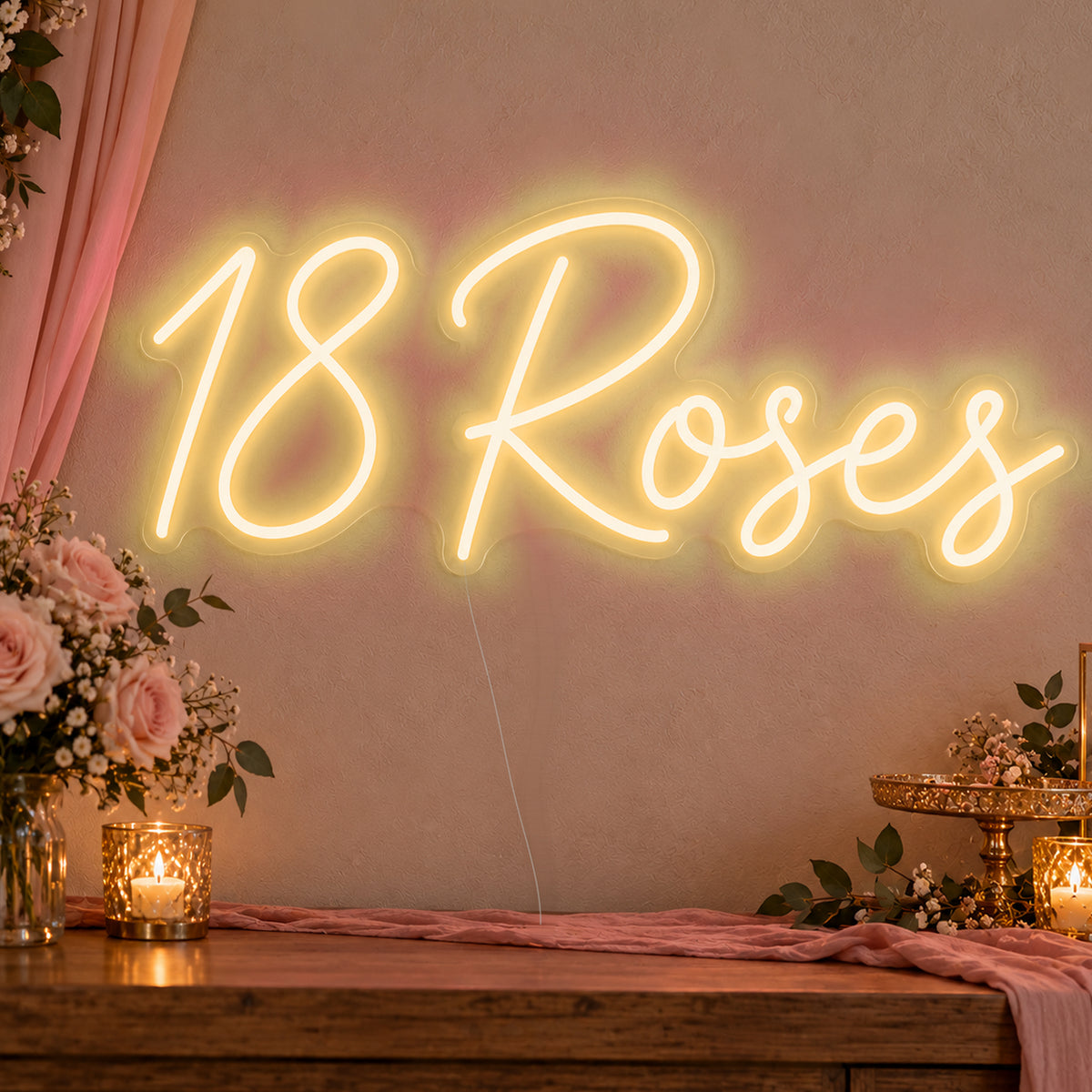 18 Roses Neon Sign in gold LED neon on clear acrylic, angled view