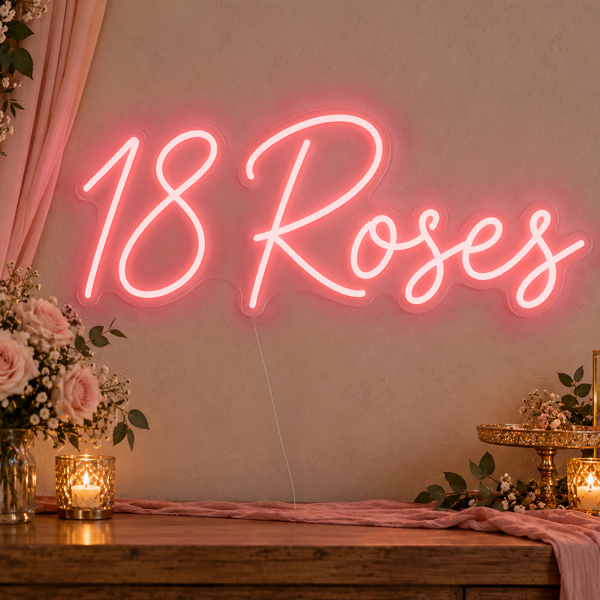 18 Roses Neon Sign in red LED neon on clear acrylic, angled view