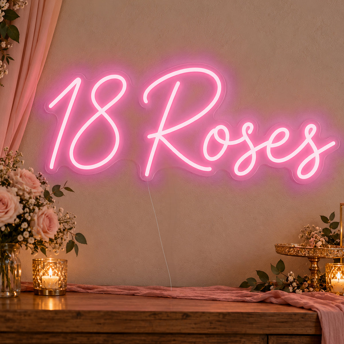 18 Roses Neon Sign in rose red LED neon on clear acrylic, angled view