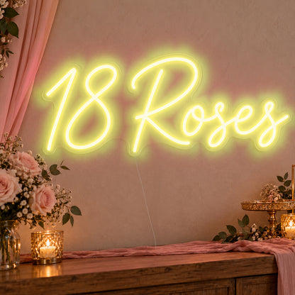 18 Roses Neon Sign in yellow LED neon on clear acrylic, angled view
