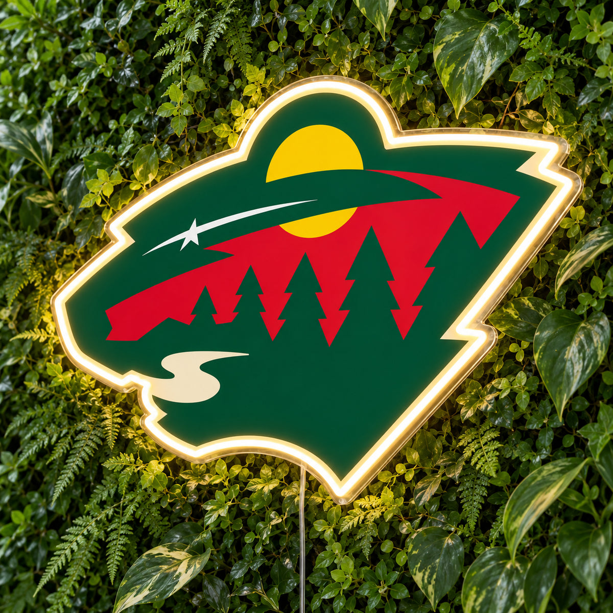 Minnesota Wild LED Neon Sign, featuring team logo displayed on a green foliage wall.