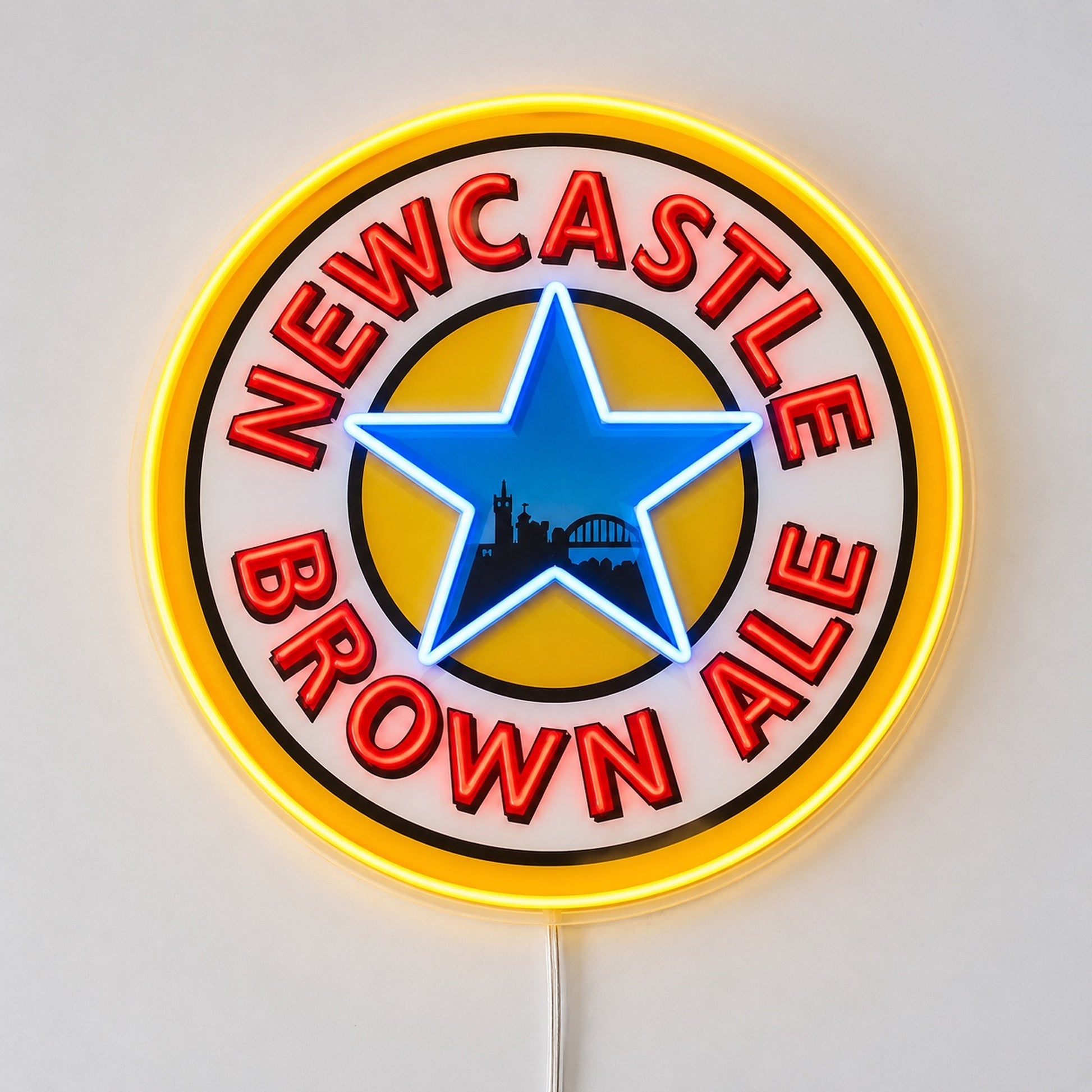 Newcastle Brown Ale LED neon sign in gold, red and blue