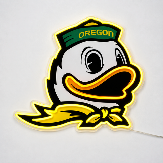 Oregon Ducks mascot logo LED neon sign in yellow and green