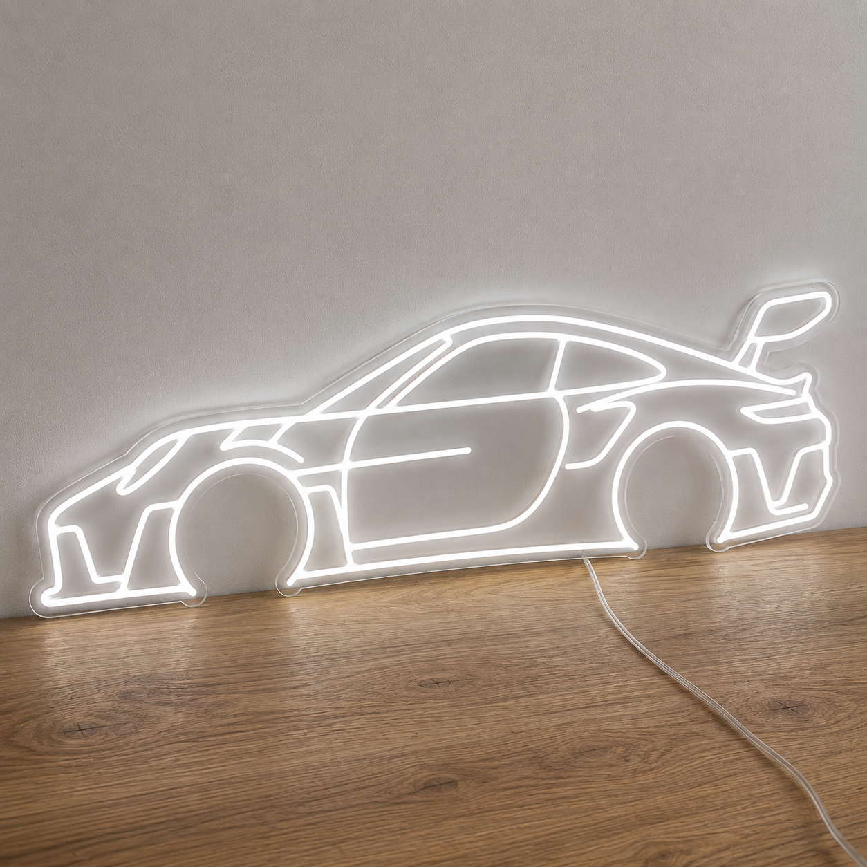 White Porsche 911 LED neon sign for automotive garage wall decor