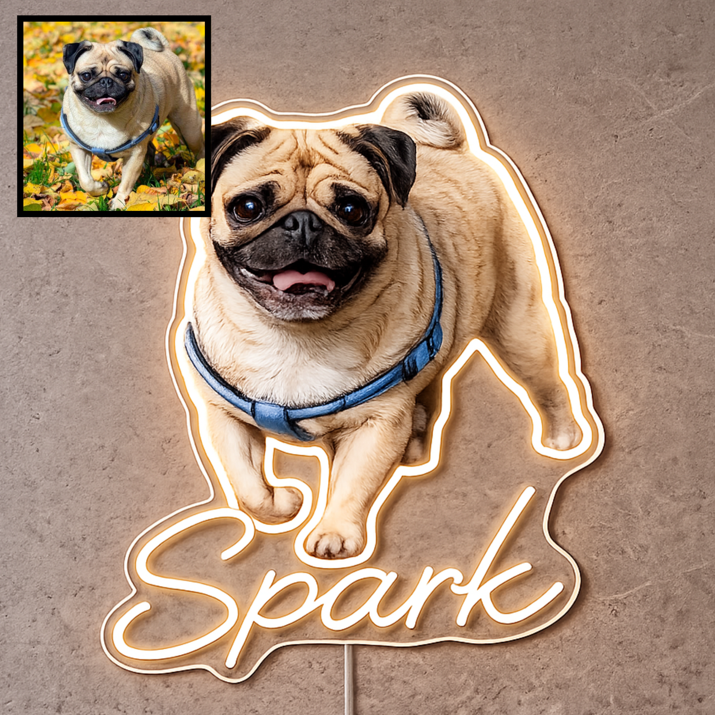 Custom dog name neon sign example featuring a Pug design