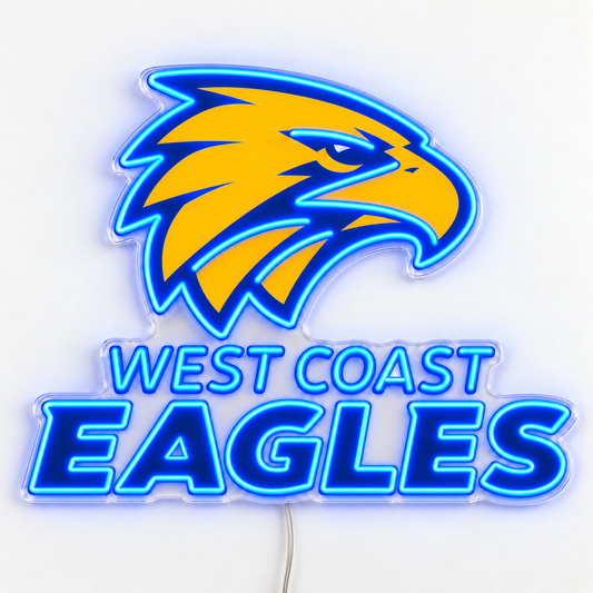 West Coast Eagles Neon Sign with blue LED neon and yellow UV printed eagle on clear acrylic, shown on a white surface