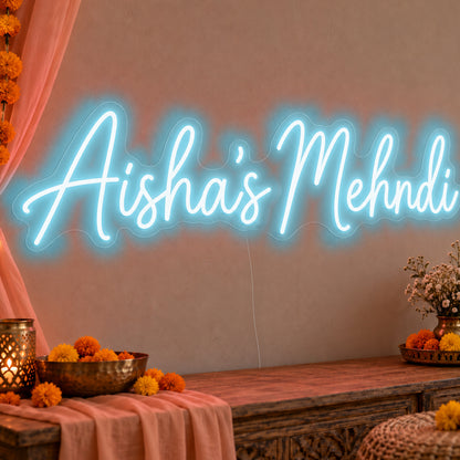 Personalised Mehndi Neon Sign in ice blue LED neon on clear acrylic, angled view