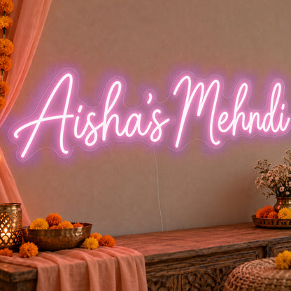 Personalised Mehndi Neon Sign in pink LED neon on clear acrylic, angled view