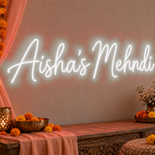 Personalised Mehndi Neon Sign in white LED neon on clear acrylic, angled view