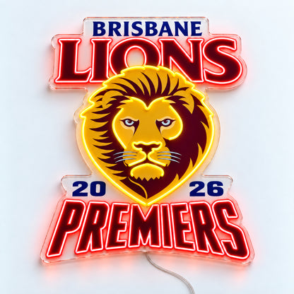 Brisbane Lions Neon Sign - Premiers 2026 with red and yellow LED neon on a white surface, front view