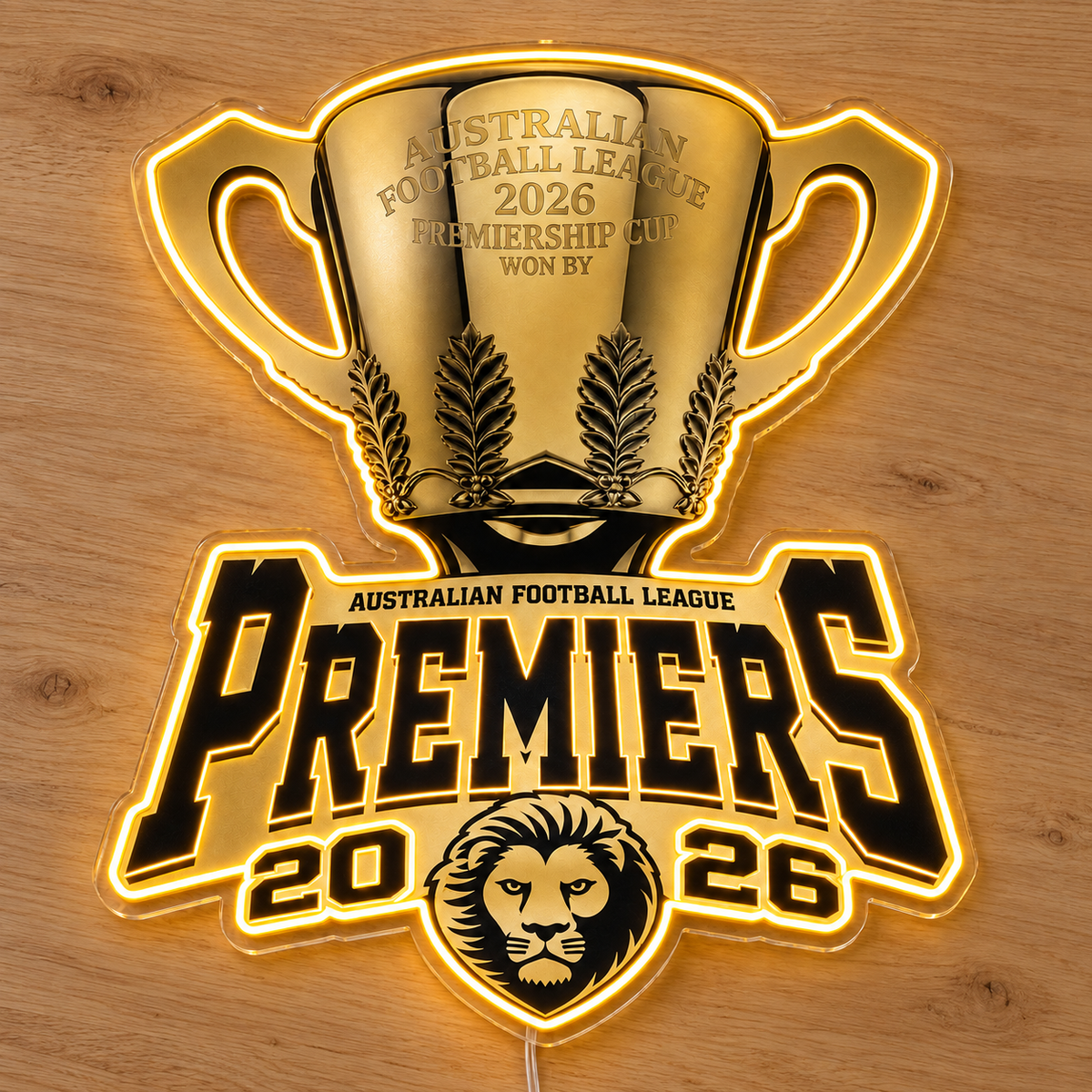 Brisbane Lions Premiers 2026 Neon Sign glowing gold on a wooden surface
