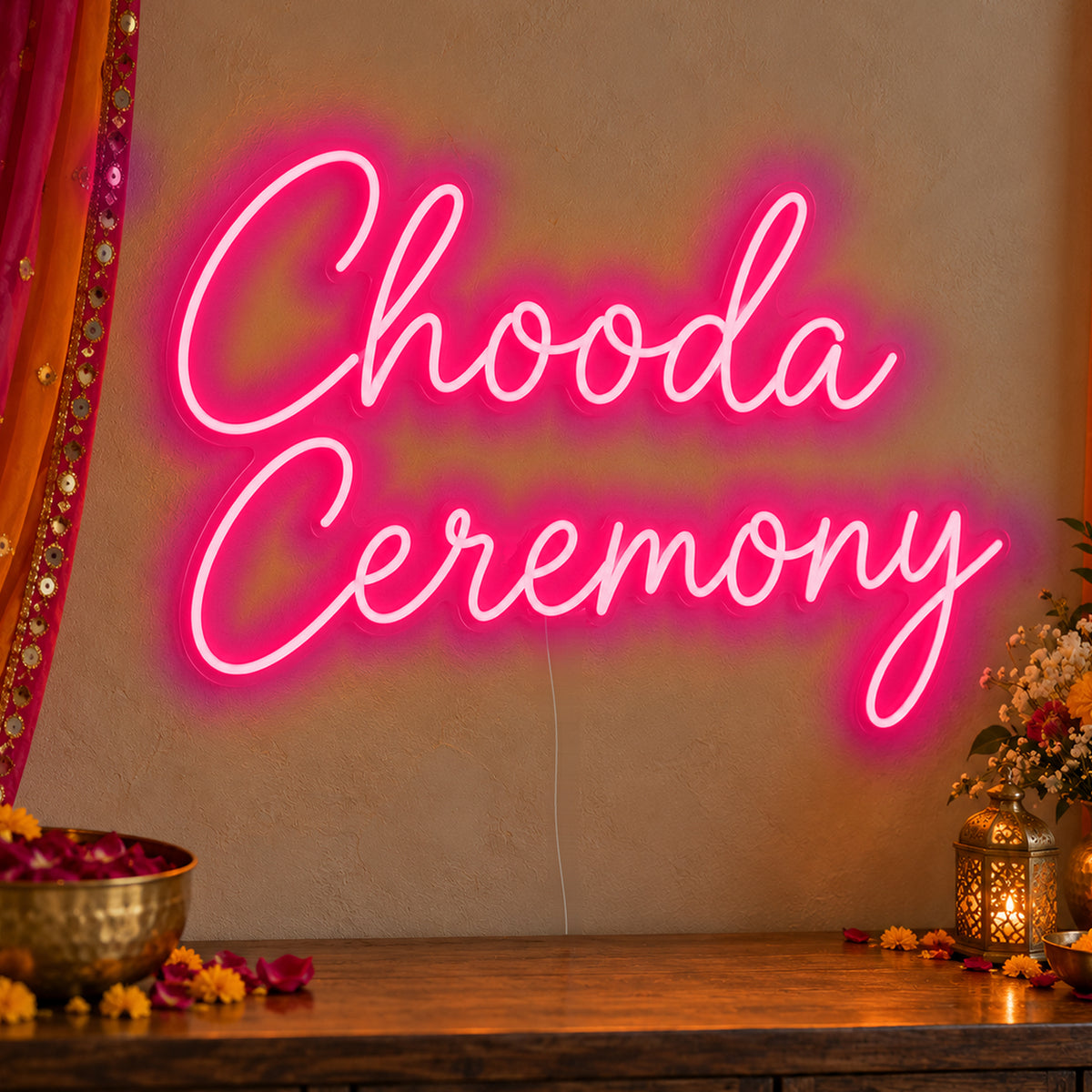 Chooda Ceremony Neon Sign in rose red LED neon on clear acrylic, angled view