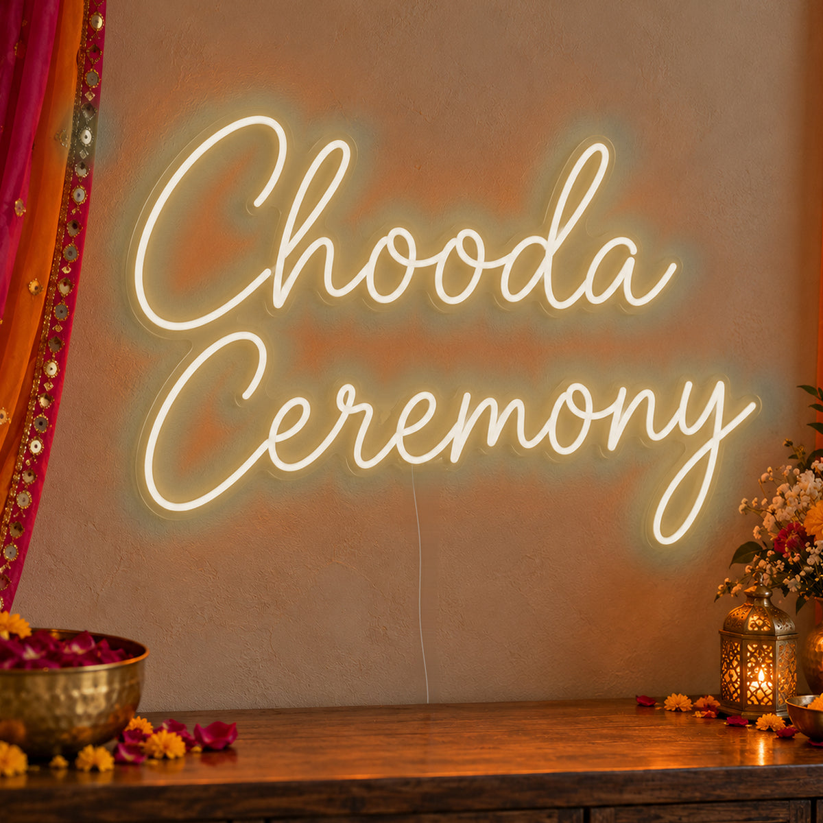Chooda Ceremony Neon Sign in warm white LED neon on clear acrylic, angled view