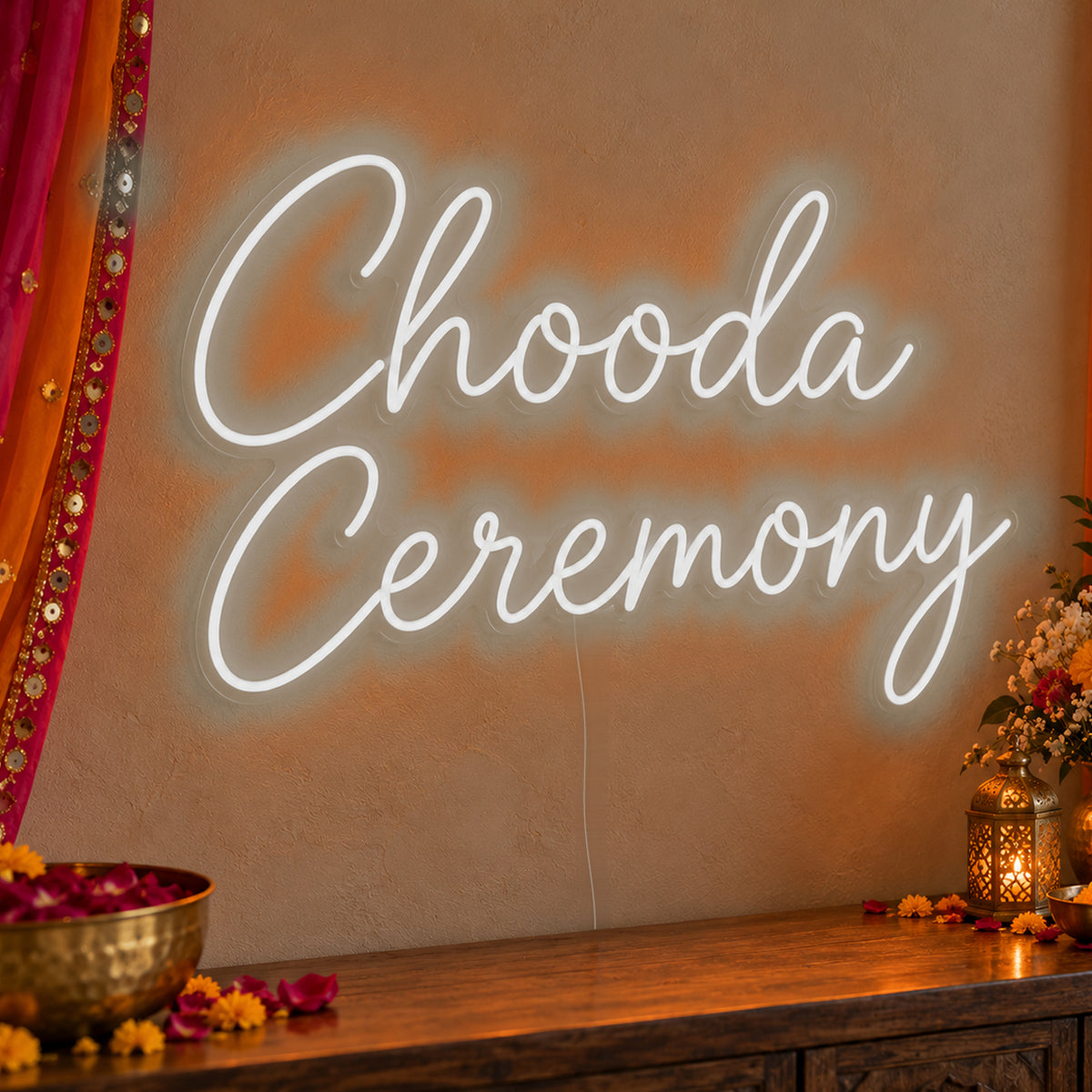 Chooda Ceremony Neon Sign in white LED neon on clear acrylic, angled view