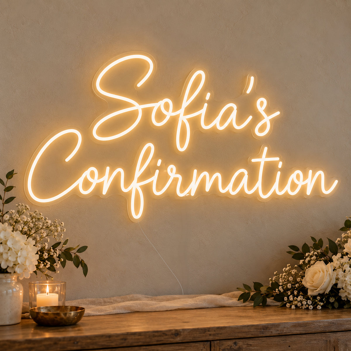 Personalised Confirmation Neon Sign on clear cut-to-shape acrylic, illuminated on a wall in a styled celebration setting; sample personalised wording shown