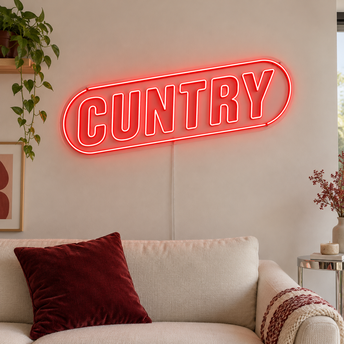 Cuntry Neon Sign in red inside a rounded border above a cream sofa.