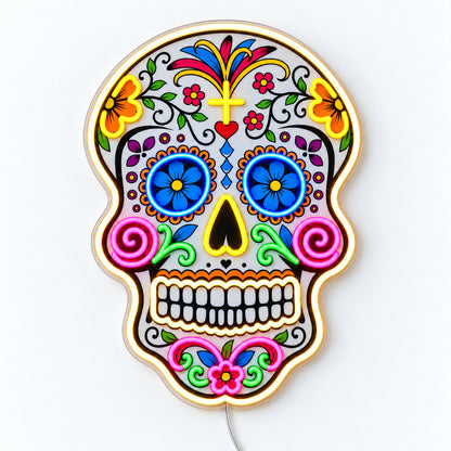 Day of the Dead - Cinco de Mayo blue floral skull LED neon sign, front view on a white surface