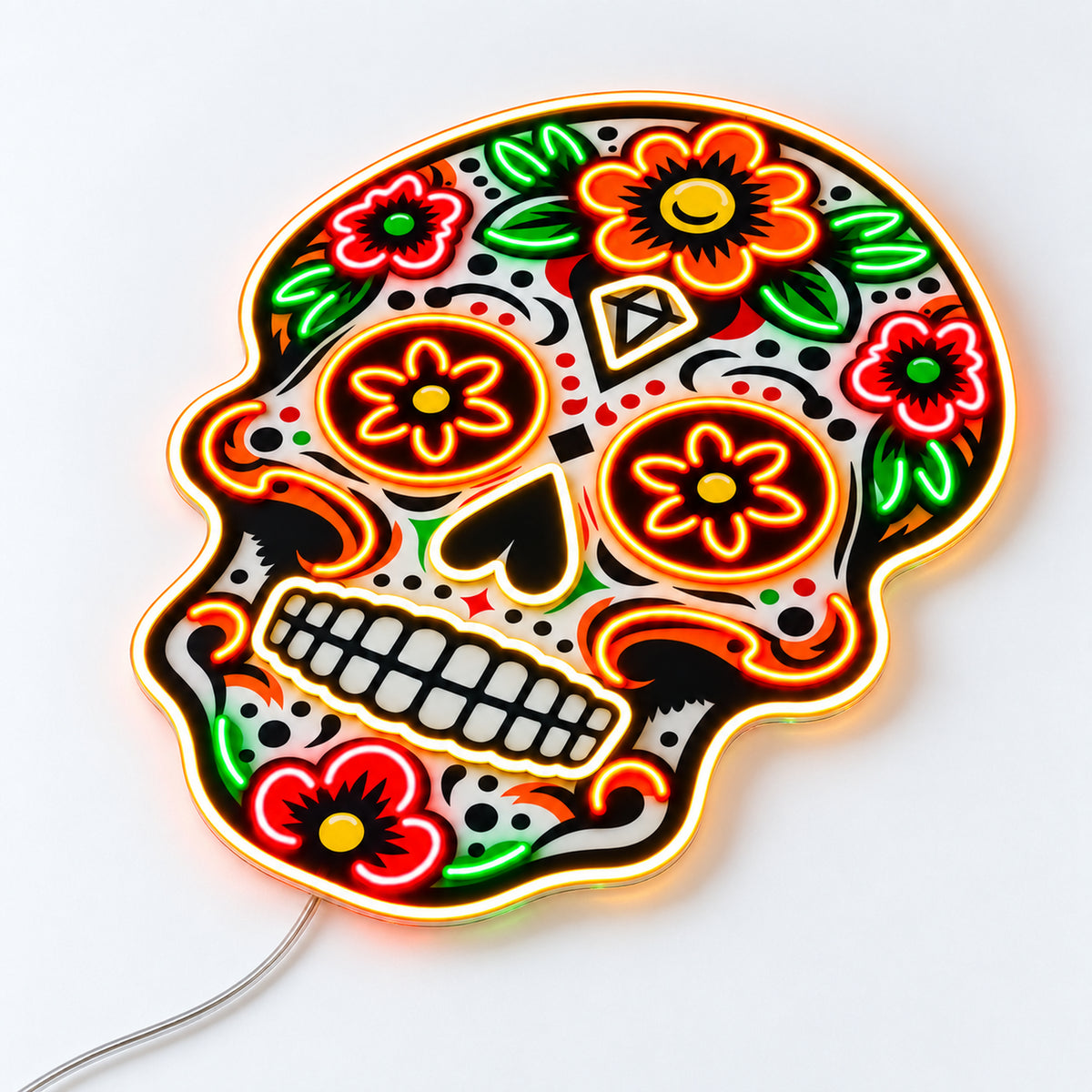 Day of the Dead - Cinco de Mayo orange floral skull LED neon sign, angled view on a white surface