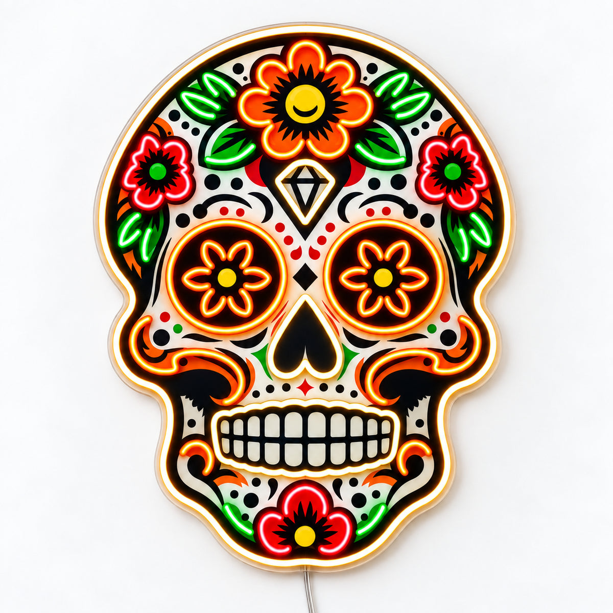 Day of the Dead - Cinco de Mayo orange floral skull LED neon sign, front view on a white surface