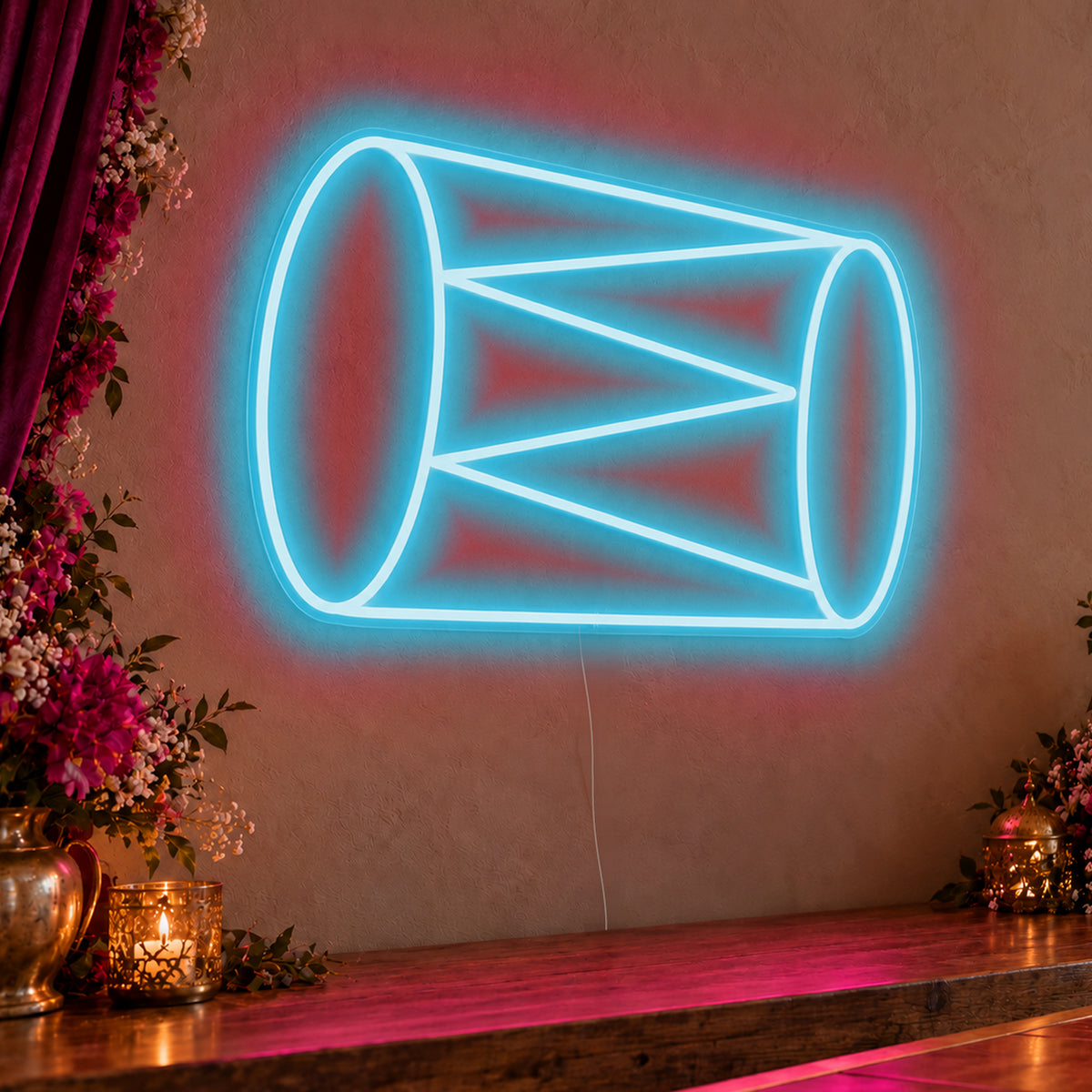 Dhol Drum Neon Sign in ice blue LED neon on clear acrylic, angled view