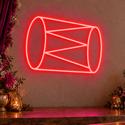 Dhol Drum Neon Sign in red LED neon on clear acrylic, angled view