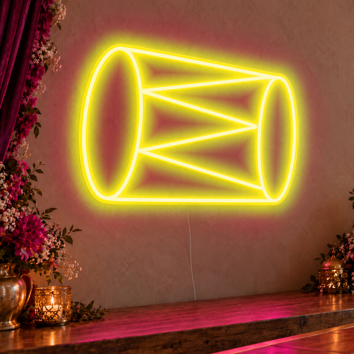 Dhol Drum Neon Sign in yellow LED neon on clear acrylic, angled view