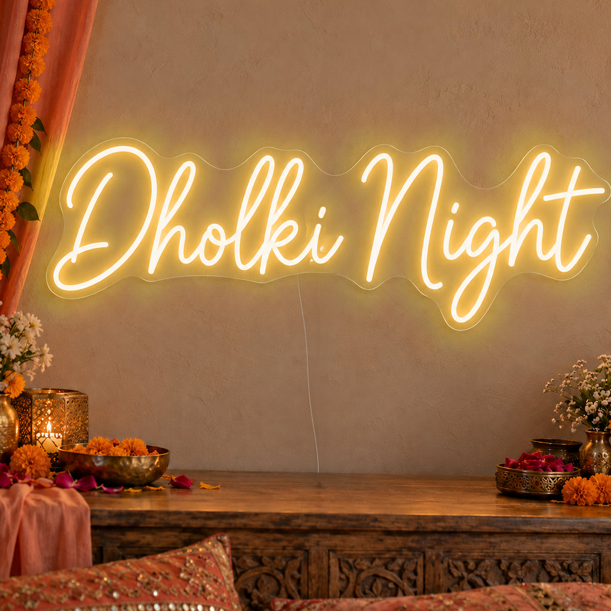 Dholki Night Neon Sign in gold LED neon on clear acrylic, angled view