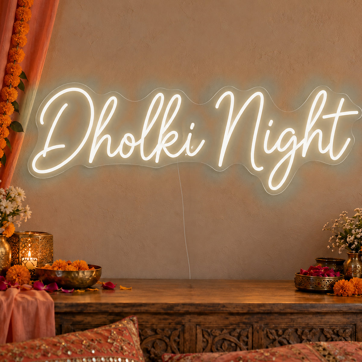 Dholki Night Neon Sign in warm white LED neon on clear acrylic, angled view