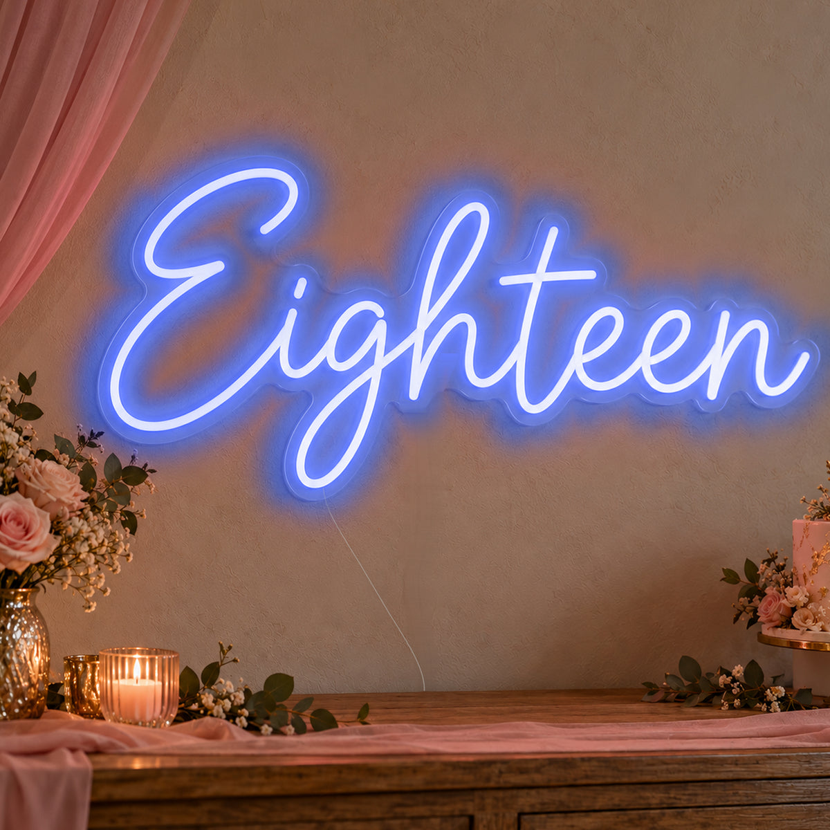 Eighteen Neon Sign in blue LED neon on clear acrylic, angled view