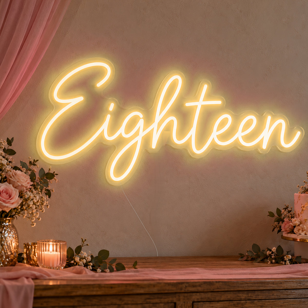 Eighteen Neon Sign in gold LED neon on clear acrylic, angled view