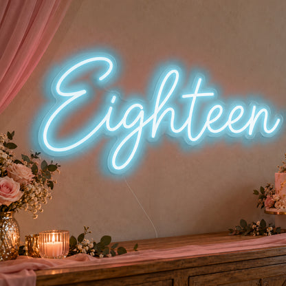 Eighteen Neon Sign in ice blue LED neon on clear acrylic, angled view