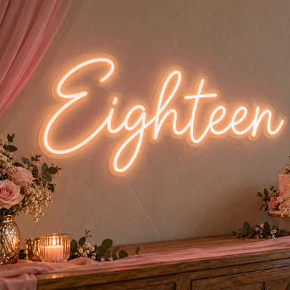 Eighteen Neon Sign in orange LED neon on clear acrylic, angled view