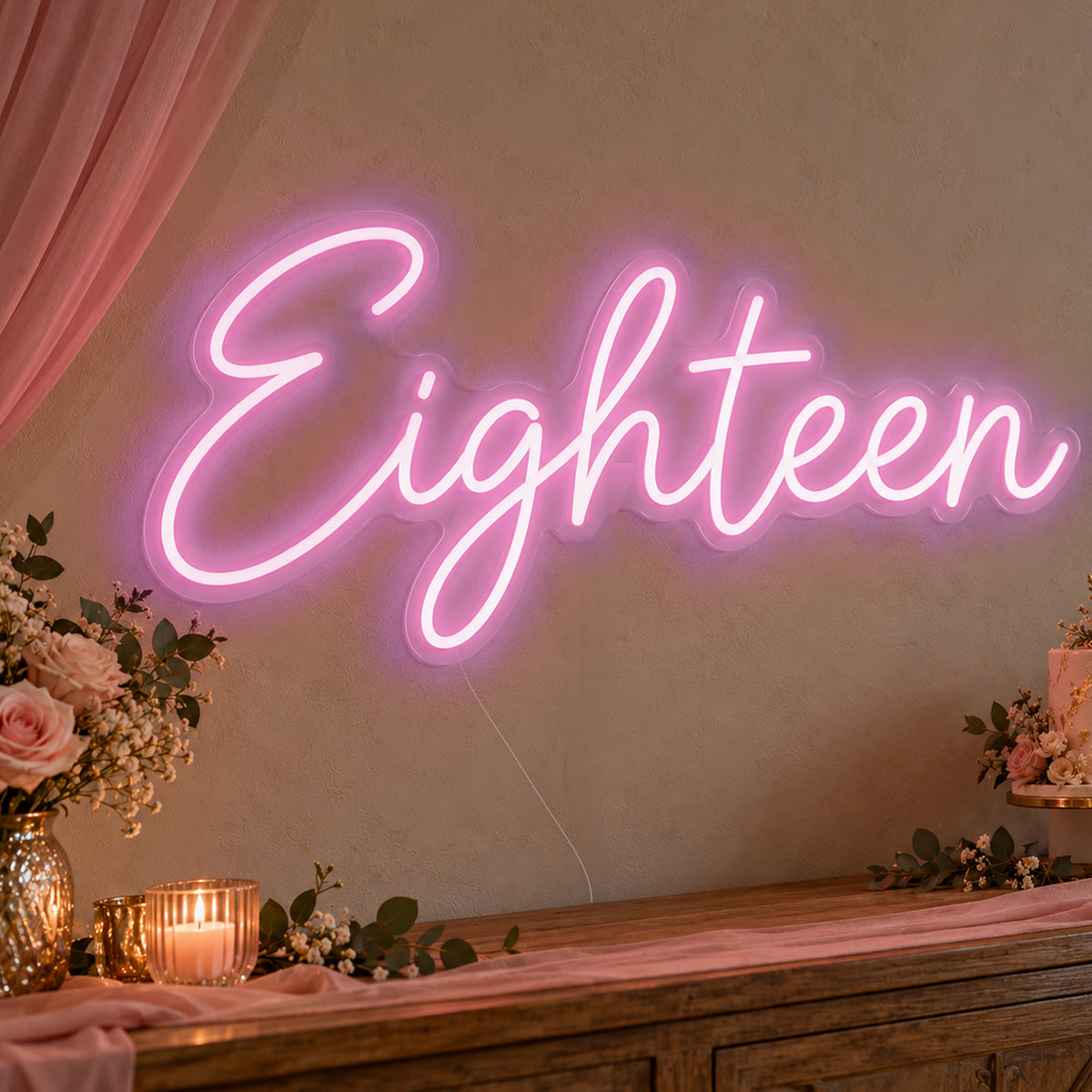 Eighteen Neon Sign in pink LED neon on clear acrylic, angled view