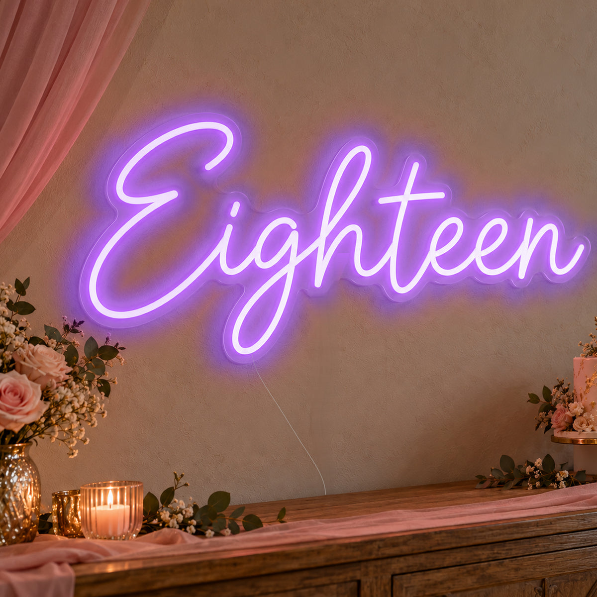 Eighteen Neon Sign in purple LED neon on clear acrylic, angled view