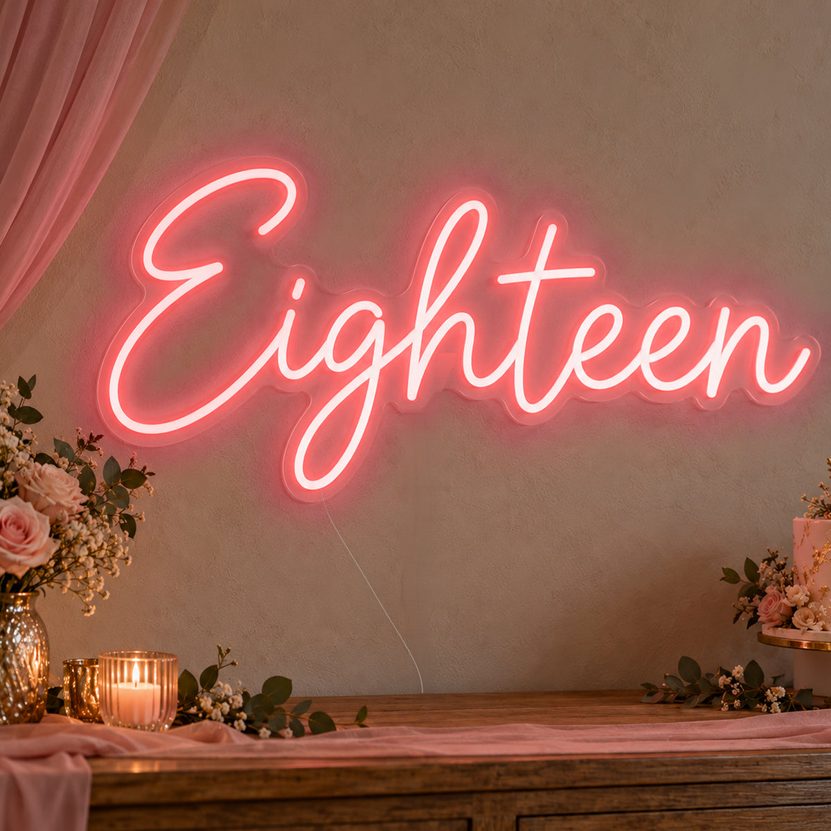Eighteen Neon Sign in red LED neon on clear acrylic, angled view